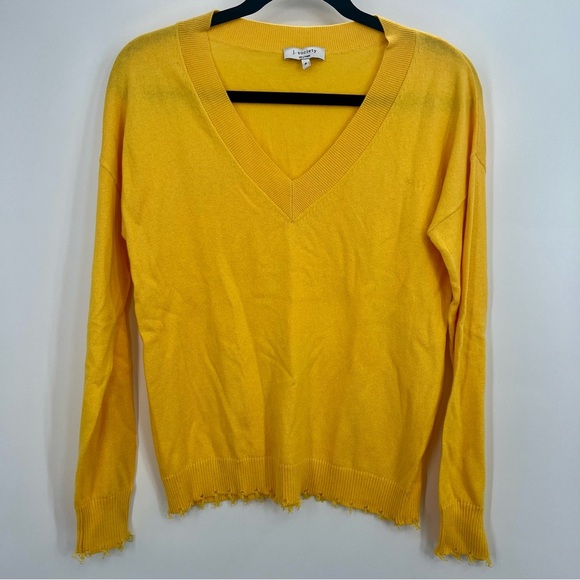 J. Society Women Yellow Distressed V-Neck Knit Pullover Sweater Top Small - Picture 1 of 7